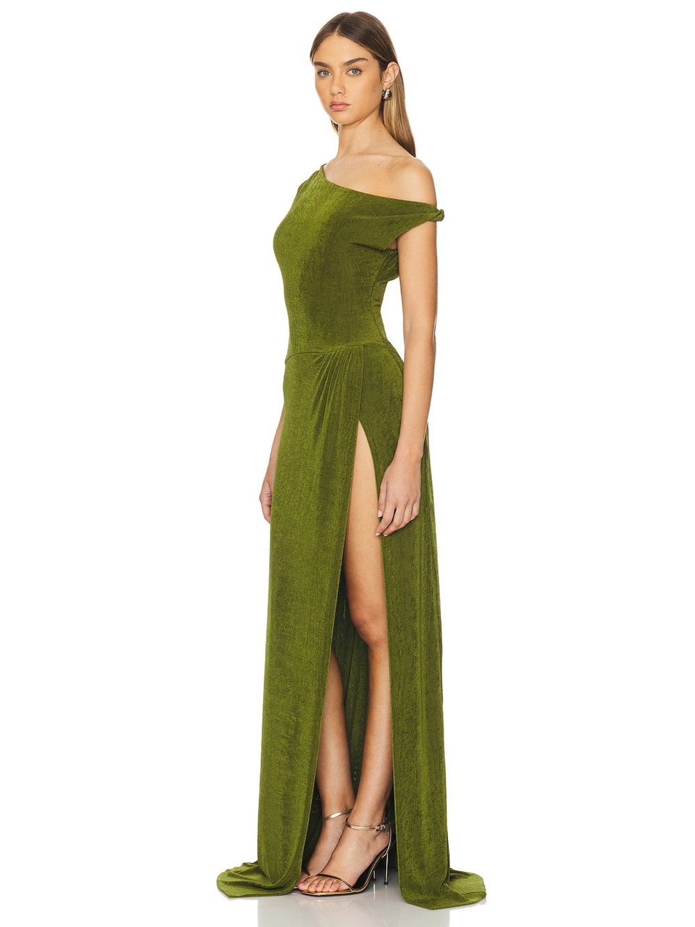 Khanums Slinky Off The Shoulder Maxi Dress in Khaki Size Large NWT - Picture 2 of 11